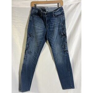 White House Black Market Women's 8 Blue Denim Floral  Applique Boot Cut Jeans